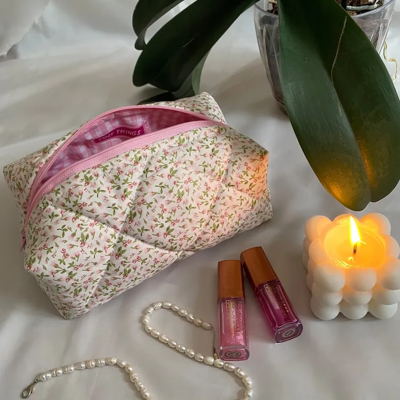 Мягкая хлопковая маленькая стеганая сумка для макияжа с цветочным принтом маленькая косметичка на молнии