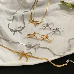 Thép Không Gỉ Mạ Vàng Bowknot Bông Tai Vòng Cổ Vòng Đeo Tay Dài Tua Rắn Chuỗi Cung Thả Bông Tai Quà Tặng Cho Cô Tối Giản