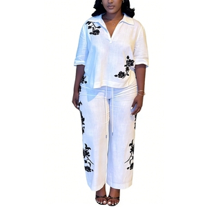 Ensemble de 2 pièces pour femmes, chemise et pantalon blancs brodés de fleurs, ensembles pour femmes africaines, mode - Product Image 4