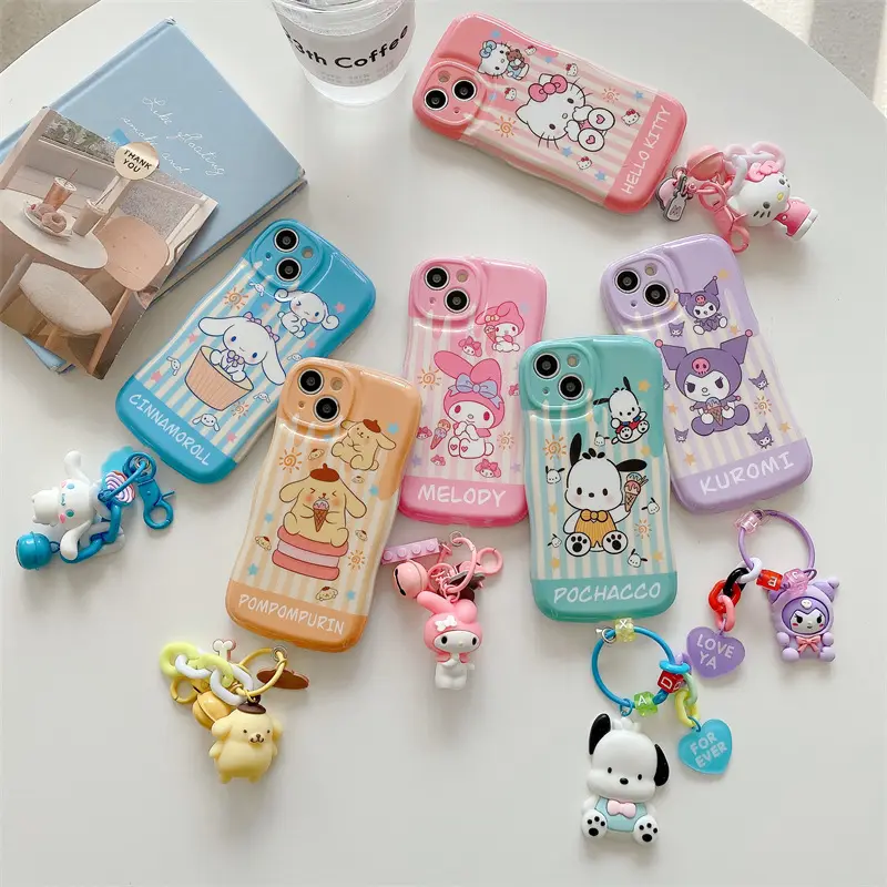 Phone Case for Iphone 11 12 13 14 Pro Max Lovely 3D Cartoon Hello Kitty Kuromi Melody Design TPU Mobile Phone Cover With Pendant