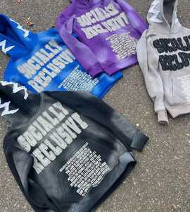 Yingling recadrée sweat à capuche lourd 400 Gsm Vintage en détresse broderie Patch Applique ourlet brut acide pierre lavé sweats à capuche hommes - Product Image 5