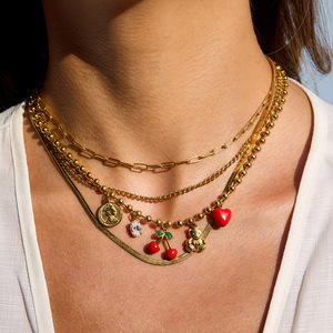 Chic Layered <b>Necklace</b> With <b>Cherry</b> Heart Coin Pendant Zinc Alloy Gold Tone Fashion Jewelry - Product Image 2