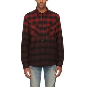 Direct Factory Price Wholesale OEM Men's Shirt On Sale High Quality Cotton Flannel Long Sleeve Curved Hem in Faded Plaid Pattern