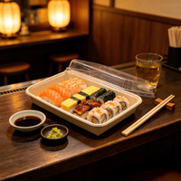 Boîte en papier série EP, plateau à sushi en papier kraft, couvercle transparent anti-buée en PET, emballage jetable à emporter pour les fournisseurs de traiteur