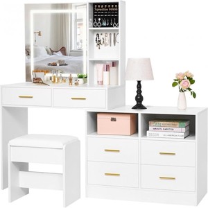 Coiffeuse blanche personnalisée en L avec miroir LED <span class=keywords><strong>et</strong></span> éclairage, 6 tiroirs, tabouret <span class=keywords><strong>et</strong></span> rangement pour bijoux - Product Image 2