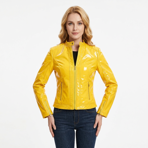 Chaqueta de Motocicleta Acolchada y Elegante para Mujer, Nueva Chaqueta de Cuero Sintético PU Duradera, Chaqueta de Cuero Amarillo Brillante para Mujer - Product Image 2