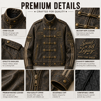 Blouson de motard en similicuir vieilli personnalisé, style Napoléon, avec multiples patchs brodés, col montant et boutons à bascule, manteau en cuir OEM
