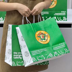 Emballage personnalisé pour restaurant de restauration rapide, sac en papier kraft écologique pour hamburgers, poulet frit, nuggets, sac à emporter avec poignées - Product Image 3