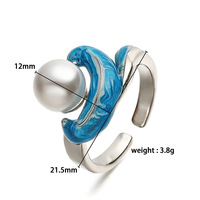 Cincin Enamel Gelombang Laut Imitasi Mutiara Kuningan Lapis Emas 18K Cincin Jari Model Terbuka yang Dapat Disesuaikan untuk Wanita Perhiasan Pantai
