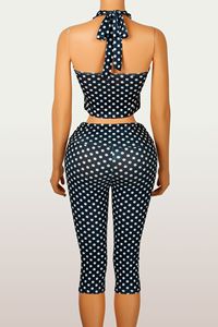 Women's New Polka Dot Slim-Fit <b>Sexy</b> Halter Neck Tie-Front Crop Top & Cropped Pants Casual 2-Piece <b>Set</b> Fashion - Product Image 5