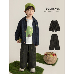 YOEHYAUL N7510 2-14T Short en jean et denim pour <span class=keywords><strong>garçon</strong></span> style <span class=keywords><strong>cargo</strong></span> avec grandes poches, <span class=keywords><strong>pantalon</strong></span> court en denim tissé pour enfant - Product Image 1