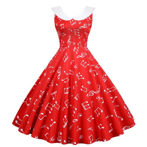 Vestido de verano para mujer, dulce, cuello <span class=keywords><strong>Peter</strong></span> Pan, Vintage, elegante, estampado de notas musicales, vestidos de fiesta ajustados sin mangas, Bata - Product Image 4