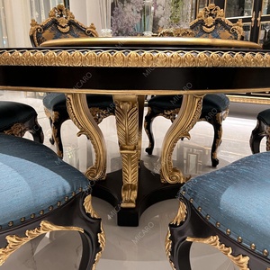 Sang trọng Pháp cổ điển rắn gỗ tay khắc vòng xoay đầu đen vàng lá gild bàn ăn thiết lập với lười biếng <span class=keywords><strong>Susan</strong></span> - Product Image 3