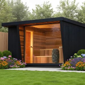 La moderna sauna de madera Serene en los Alpes presenta un diseño ecológico con una vista panorámica de los bosques. - Product Image 3