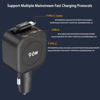 Chargeur de voiture rétractable 125W PD 3.0 QC3.0 SCP à charge rapide, adaptateur USB Type-C double port ignifuge 5V/3A pour téléphone portable