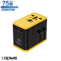 Adaptateur de voyage universel IBD GaN PD 75W avec 3 ports USB-C et 1 port USB-A pour prises US, EU, AU, UK - Charge rapide pour ordinateurs portables, téléphones, appareils photo