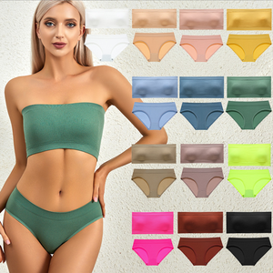 Completo reggiseno e slip da donna, speciale per seno piccolo, con scollatura a una linea, schiena scoperta, senza spalline, senza cuciture, senza ferretto, a coppa intera, sottile - Product Image 2