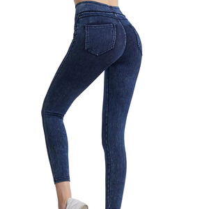 Women's Plus Size Casual Denim Pants Stretchy Solid Color Washable False <b>Jeans</b> with Seamless Pocket <b>Soft</b> Pencil Leggings - Product Image 4