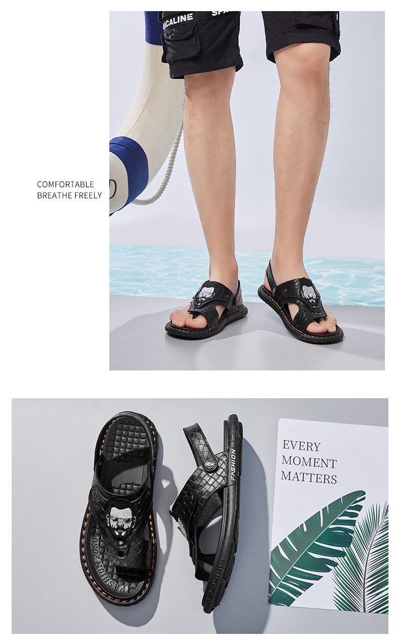 Men Casual Shoes Thick-soled Beach Shoes Non-slip Open-toe Leather Sandals Slippers