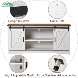 Meuble <span class=keywords><strong>TV</strong></span> moderne Wayon avec portes coulissantes, plateau en bois et étagères ouvertes en métal, armoire de rangement multimédia blanche - Product Image 1