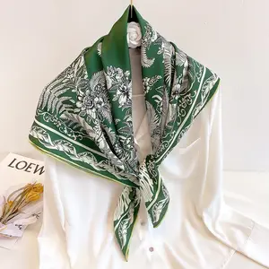 90cm Brand Hijab Scarf Foulard Square Scarf Women Twill Silk Shawl Handmade Curled New Design Floral Printed Head Scarf Shawls