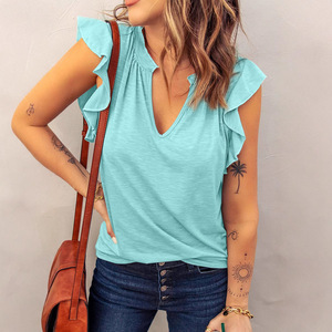 Camiseta holgada de manga corta con cuello en V antipilling de moda para mujer para Primavera/Verano nuevo estilo comprimido - Product Image 6