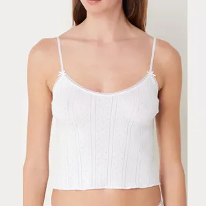 Summer Sexy Thin Straps Lace Trim Bowknot Cotton Pointelle Fabric Straps Camisole Top Cami Tops Women's Tank Tops