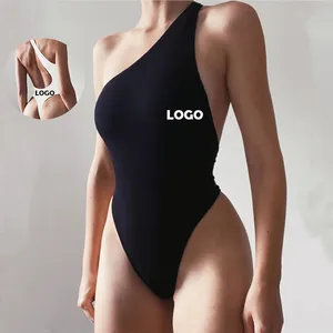 מותאם אישית לוגו מינימליסטי שיק סקסי בסיסי אחד כתף נמתח מוצק בגד גוף ללא שרוולים ללא משענת Bodysuits לנשים