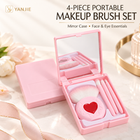 YANJIE Ensemble de 4 pinceaux de maquillage portables avec étui miroir rose, pinceaux pour le blush et les yeux, trousse de cosmétiques de voyage