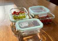 Ensemble de bac à légumes rond hermétique résistant au micro-ondes à haute teneur en borosilicate boîte à lunch de préparation de repas Rectangle récipient de stockage des aliments en verre carré