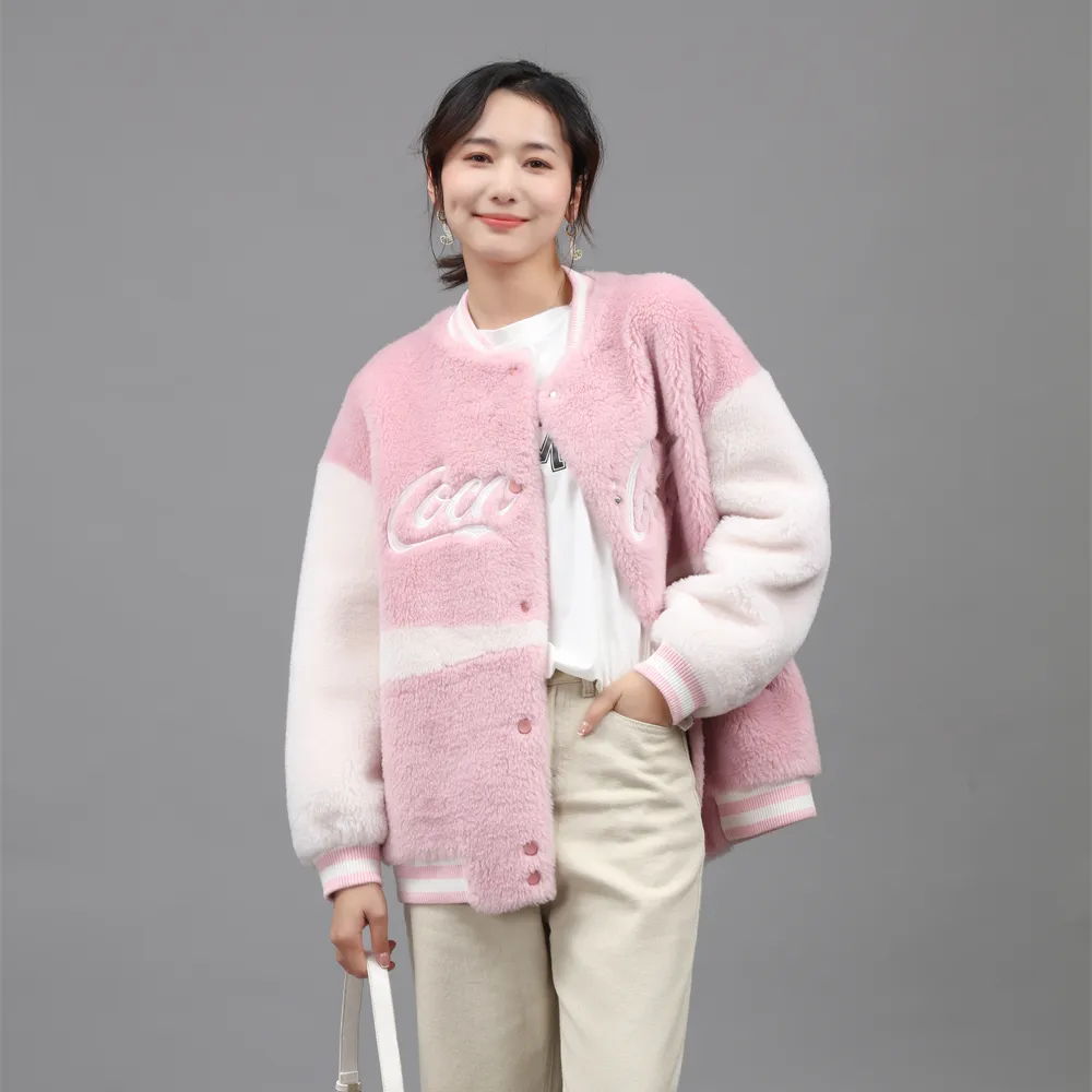 Fashionable Wholesale Winter wool Coat pink and white Women Faux Fur Short Jacket