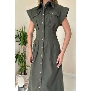 Robe plissée kaki en gabardine coupe trapèze à col rond, taille naturelle, décontractée pour le quotidien, en tissu tissé lavable – Vente en gros - Product Image 2