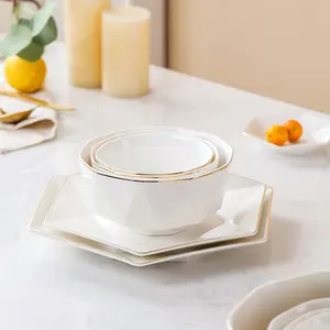 High quality 61 pcs embossed gold rim bone china tableware ceramic dinner set with plates bowls sets for home