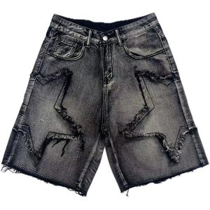 Pantalones Cortos de Mezclilla Holgados para Hombre, Negros y Grises, Desgastados, de Cintura Media, Pierna Recta, Estilo Casual Urbano, Moda Y2K - Product Image 1