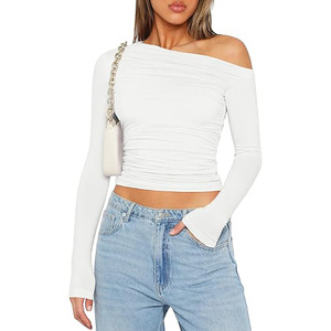 Maglietta da Donna a Maniche Lunghe con Spalle Scoperte e Scollatura <span class=keywords><strong>Monospalla</strong></span>, Top Corto - Product Image 2