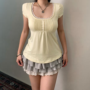 Camiseta Casual de Manga Corta con Encaje, Cuello en U, Holgada, Talla Grande, Estilo Línea A, Ecológica y Transpirable para Mujer - Product Image 3