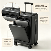 Valise cabine 22*14*9 pouces à ouverture frontale en PC avec roues pivotantes USB, approuvée par les compagnies aériennes pour les voyages d'affaires
