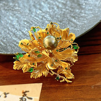 Aksesori DIY Bros Bunga Peony Multi-layer Gaya Cina Elegan untuk Wanita Bros Mutiara Berlapis Emas Tembaga dengan Zirkon.