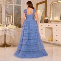 Robes de Soirée Élégantes Bleu Poussière en Gros, Broderies Pailletées, Manches Courtes, Tulle Superposé, Robes de Bal et de Fête Grandes Tailles
