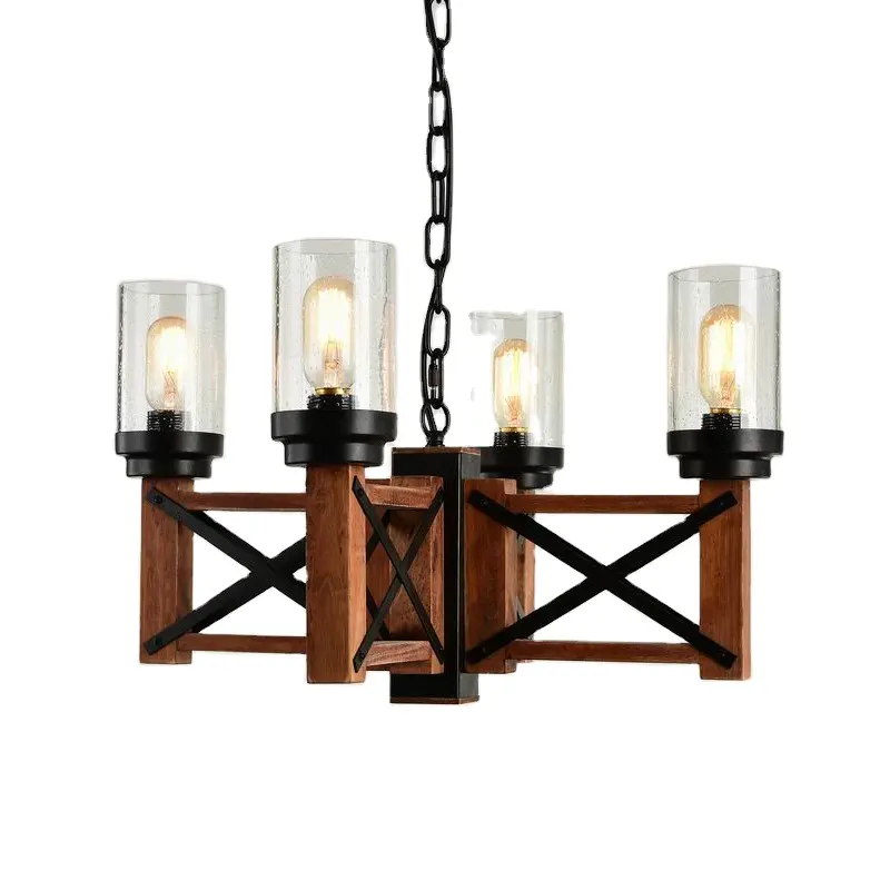 Farmhouse Rectangle Chandelier Adjustable Black Iron Wood Large Seeded Glass Shade Pendant Lighting Rustic Sturdy Hanging Light