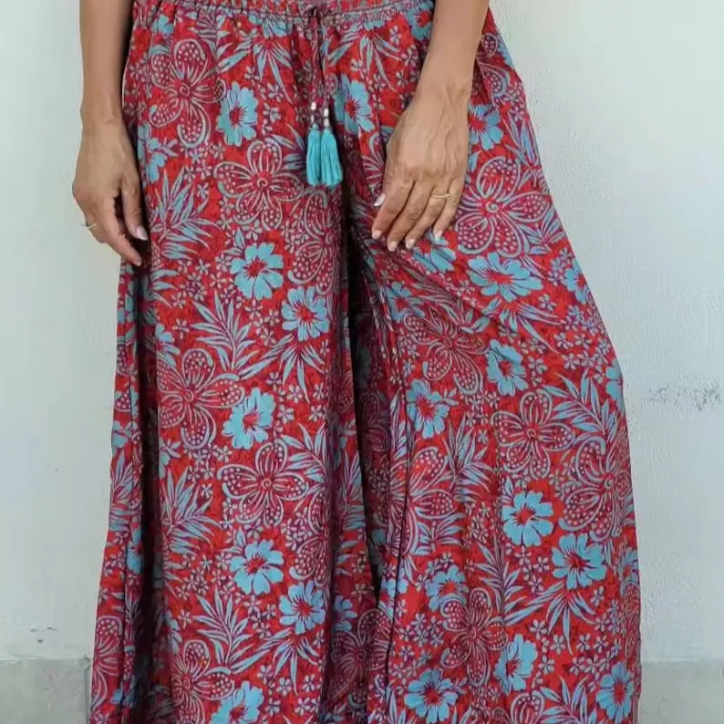 Odm-Pantalones bohemios de cintura alta con estampado floral multicolor y logotipo personalizado para mujer, pantalones de pierna ancha, hechos a mano