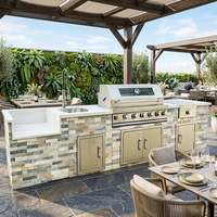 Isla de Cocina para Jardín de Alta Gama Personalizada, Cocina Exterior de Piedra Cultural con Parrilla de Gas Integrada para Patio Trasero de Villa