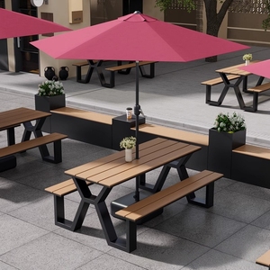 Conjunto de Muebles de Exterior de Diseño Moderno, Integrados de Plástico y Madera, con Sombrilla Cuadrada, para Uso en Cafeterías, Parques y Patios - Product Image 3