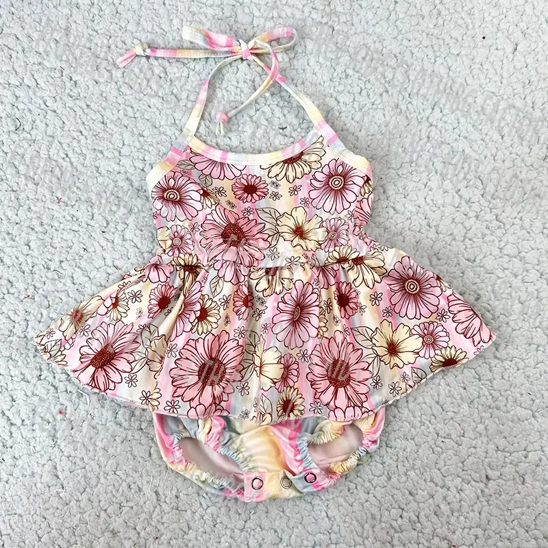 DH ODM formal flower print infant toddler children summer bamboo halter skirt jumpsuit baby girl knitted romper