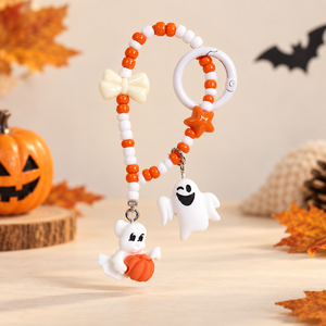 Halloween Cartoon Beaded Phone Charm Metal <strong>Keychain</strong> Ghost Pumpkin Black Cat Witch Hat Bag Charm Pendant Strap Accessory - Product Image 5