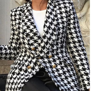 Women Double-breasted Shawl Collar Button Houndstooth Blazer Blouse Long Sleeves <strong>Straight</strong> Hem Coat <strong>Jacket</strong> Nightwear Top Shirt - Product Image 6