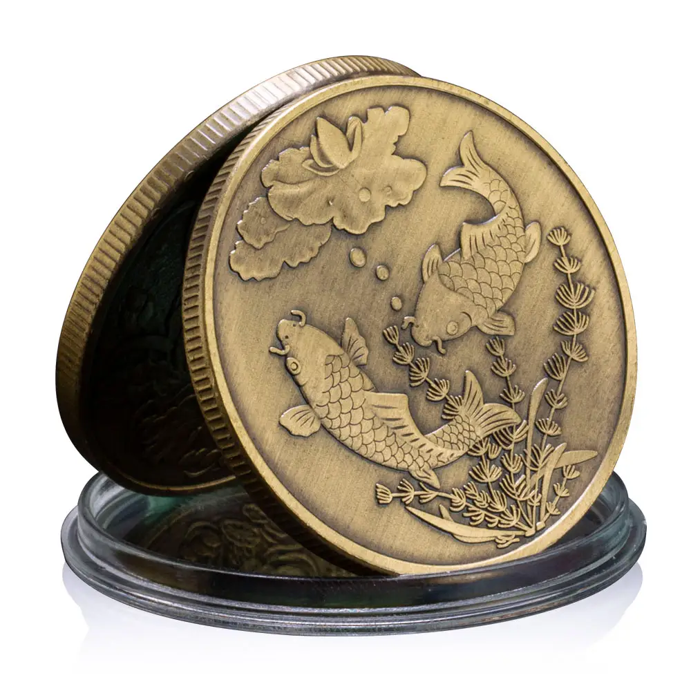 Monedas chinas Koi Fish Good Lucky To You Colección Moneda chapada en bronce Regalo creativo de la mascota