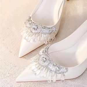 Wedding Bride Shoes Size 33-42 Elegant Silk White Pearl BOw <b>Pointed</b> <b>Toe</b> Pumps Sexy 2025 Trendy Women's Heels - Product Image 4
