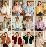 Cardigan en maille tricotée à la machine pour femme, col en V, coupe courte, devant ouvert, manches lanternes, anti-plis, épaisseur standard