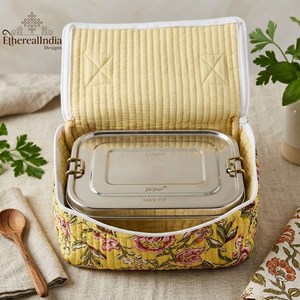 Floral Quilted Cotton Lunch Bag Yellow Tiffin Bag Zipper Snack Carry Bag Handmade <b>Gift</b> - Product Image 3
